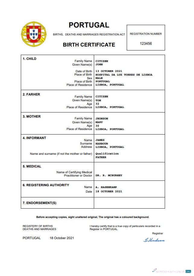 Download Portugal birth certificate Word and PDF template Photoshop template